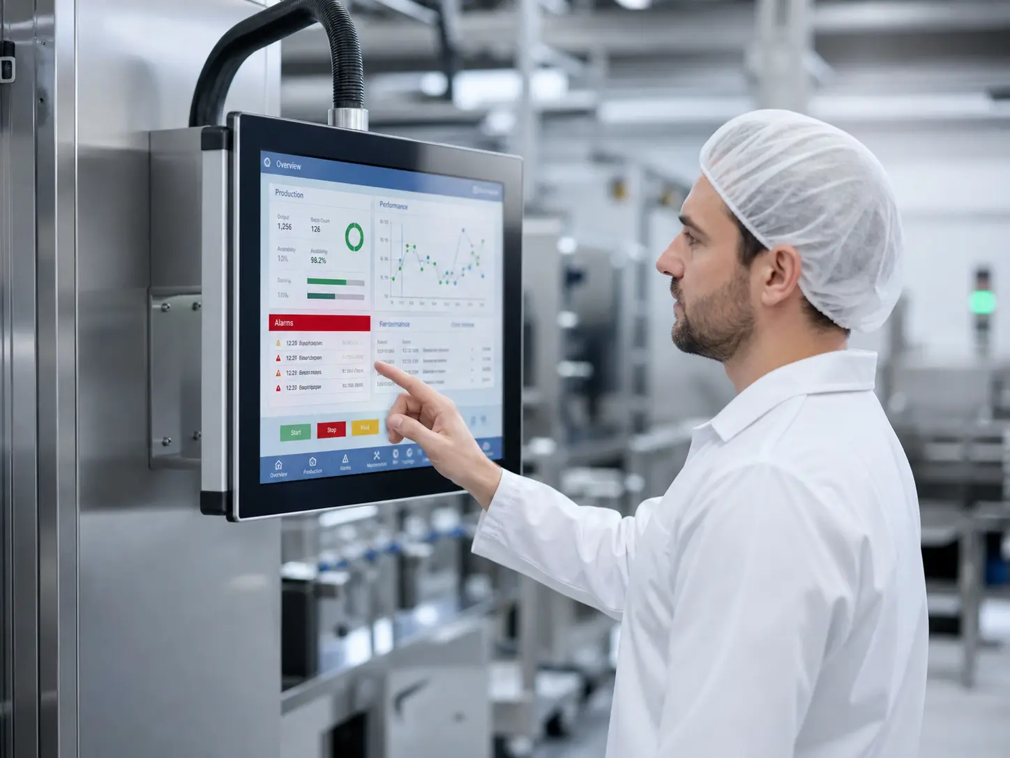 Technician operating an industrial HMI touchscreen in a clean production area