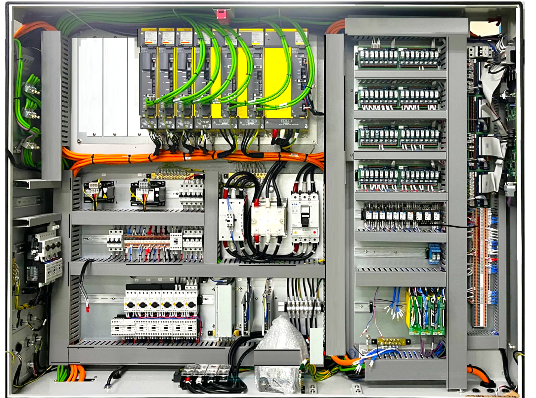 Industrial PLC control cabinet with neatly routed wiring and modules